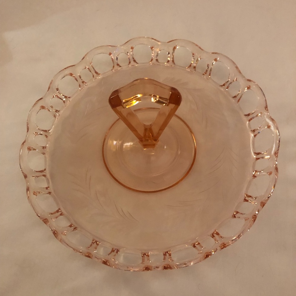 Pink Depression Glass Dessert Plate Handle, Vintage Tidbit Tray Ruffled Edges